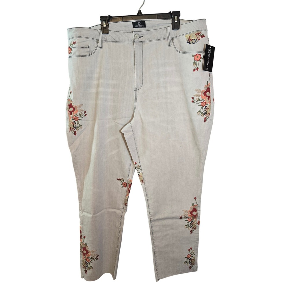 Curations‎ Women Size 22WT Grey Embroidered Straight Leg stretch ankle Jeans New